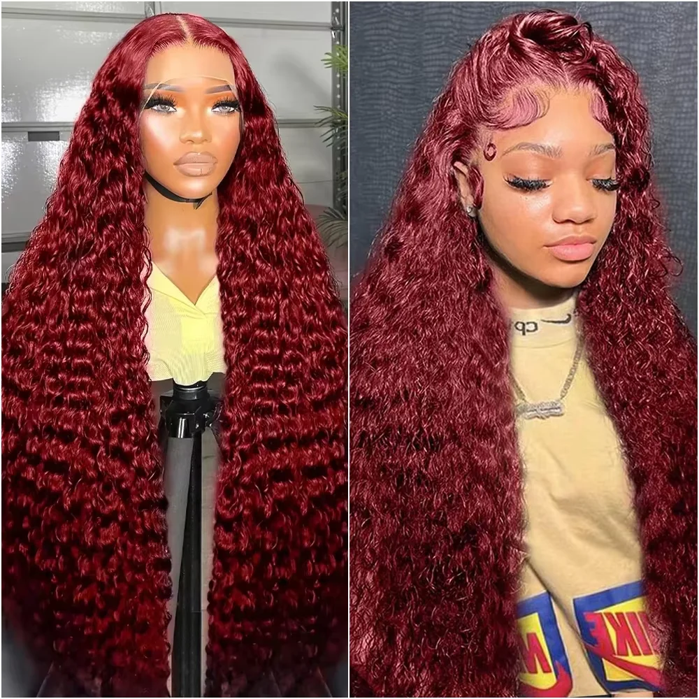 

Парик из натуральных волос с кружевной передней частью 13x6 HD, 220% плотности, бордовый, кудрявый, 13x4, с глубокими волнами, цвет 99J, красный, для женщин, 40-46 дюймов