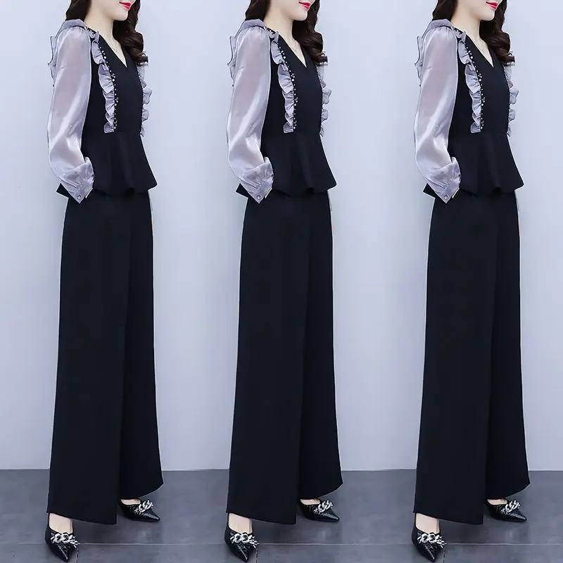 Élégant ensemble de pantalons surdimensionnés pour femmes, haut patchwork à volants et pantalon à jambes larges, tailleurs-pantalons féminins, nouvelle mode, printemps 2024, 2 pièces