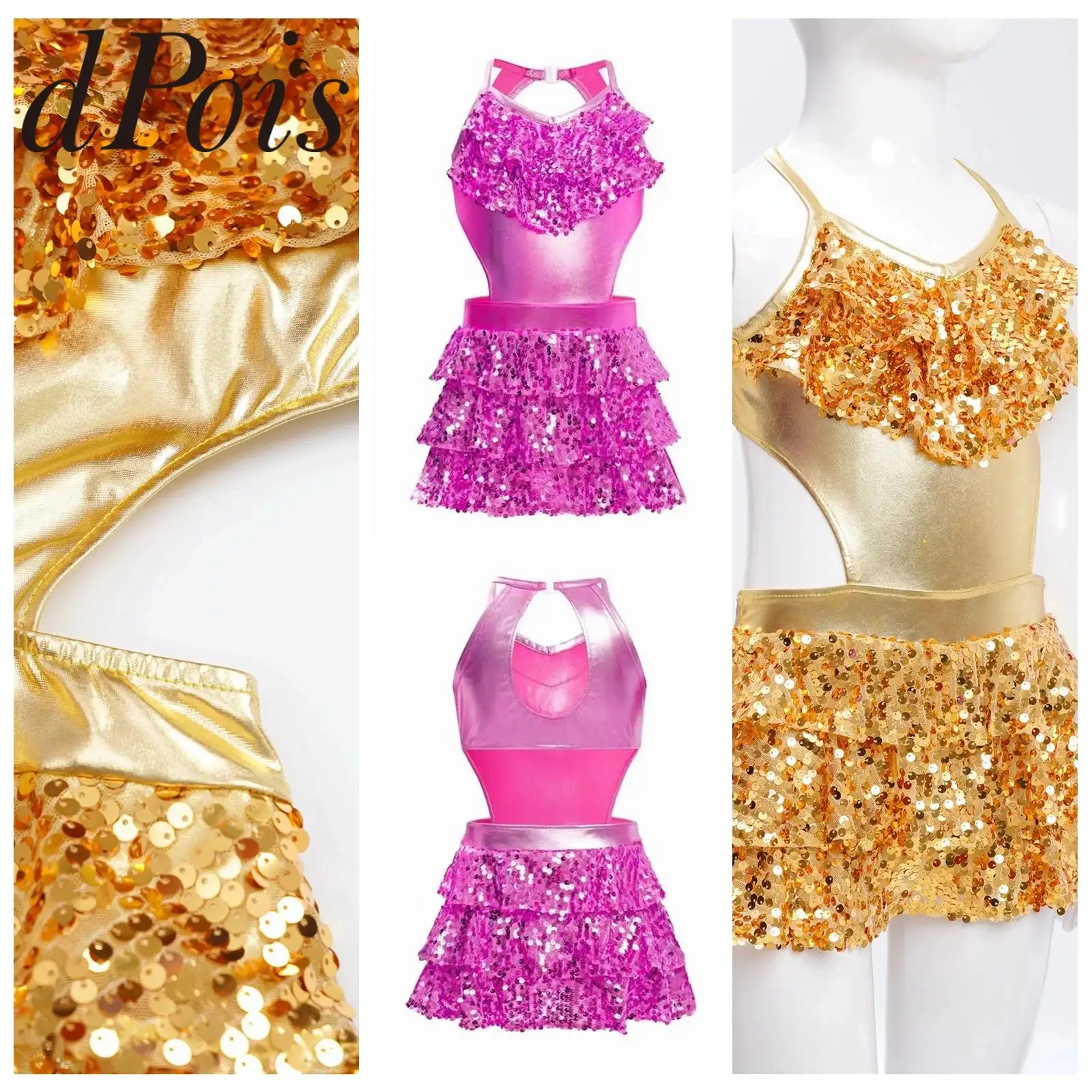 

Детский костюм для джазовых танцев для девочек, короткое платье-комбинезон с рюшами и блестками, купальник для латинских танцев ча-ча, металлическая танцевальная одежда для выступлений