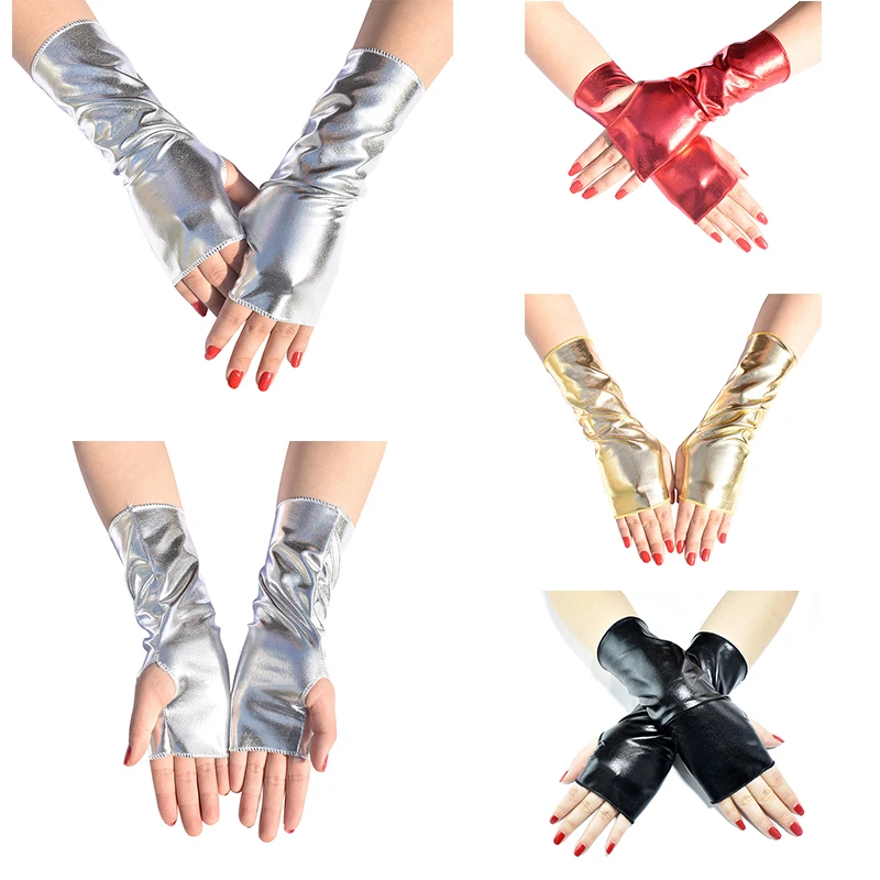 Shiny Black Patent Leather Gloves Fashion Short Fingerless Gloves Hip Hop Half Finger Mittens Solid Color Party Show Mittens