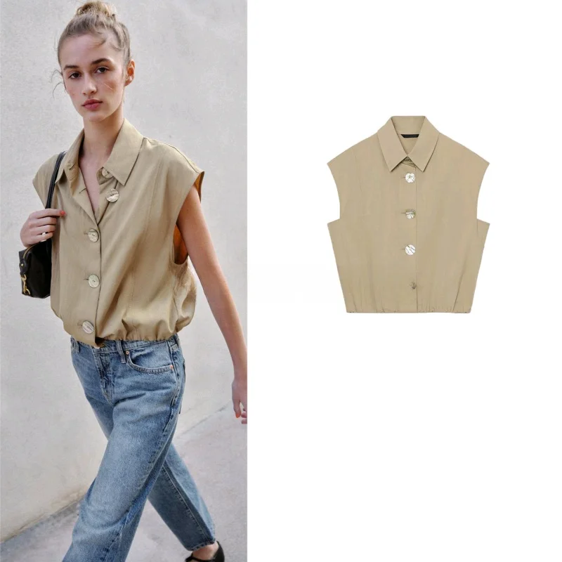 

Весна 2026: Женский повседневный топ-рубашка без рукавов с отложным воротником, эластичным низом, из полиэстера, приятный к телу.