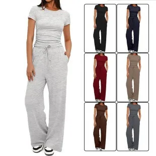 

Women's 2-piece Set Short Sleeve Top Wide Leg Trousers Drawstring Waist High Waist Two Piece Set Solid Color Relaxed Fit
