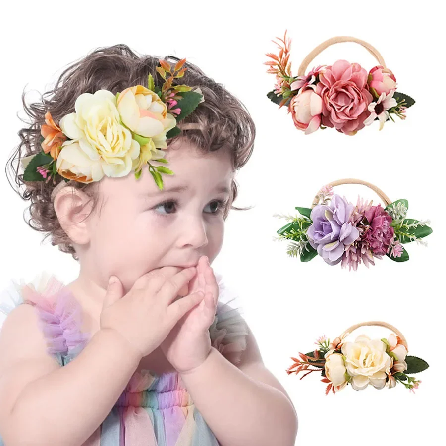 Baby Girls Artificial Flower Headband Nylon Elastic Cute Princess Hair Accessories Baby Hair Band Headdress Child Photo Tools