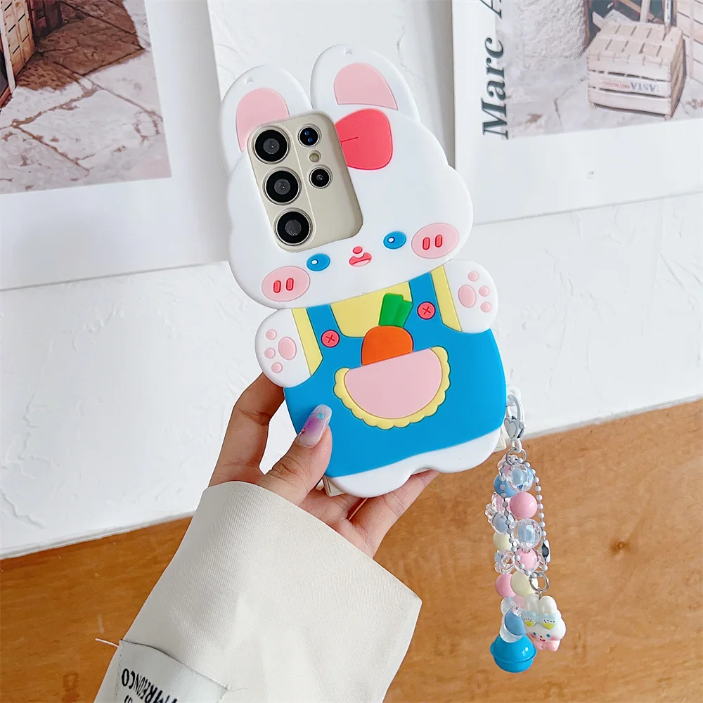 Cute Carrot Bunny Bell Bead Chain Phone Case for S26 Ultra Crossbody Strap Silicone Cover for SamSung Galaxy S25 S24 S23 A57