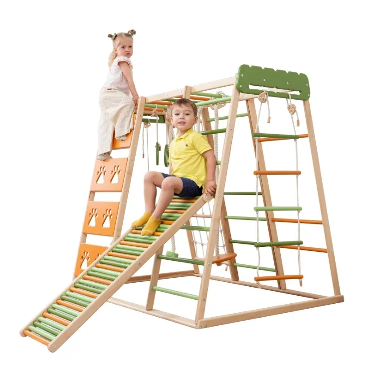 Indoor Wooden Slide and Swing set Wooden Indoor Climbing Frame Kids Playground Equipment wooden Climbing wall toys