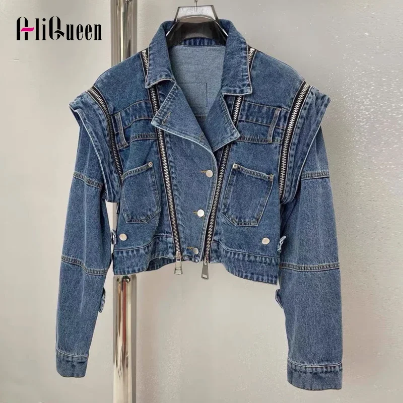 Vintage Streetwear Bomber Motorcycle Crop Denim Jacket Women Autumn Shoulder Pad Multi Zipper Short Ripped Jeans Jackets Outwear