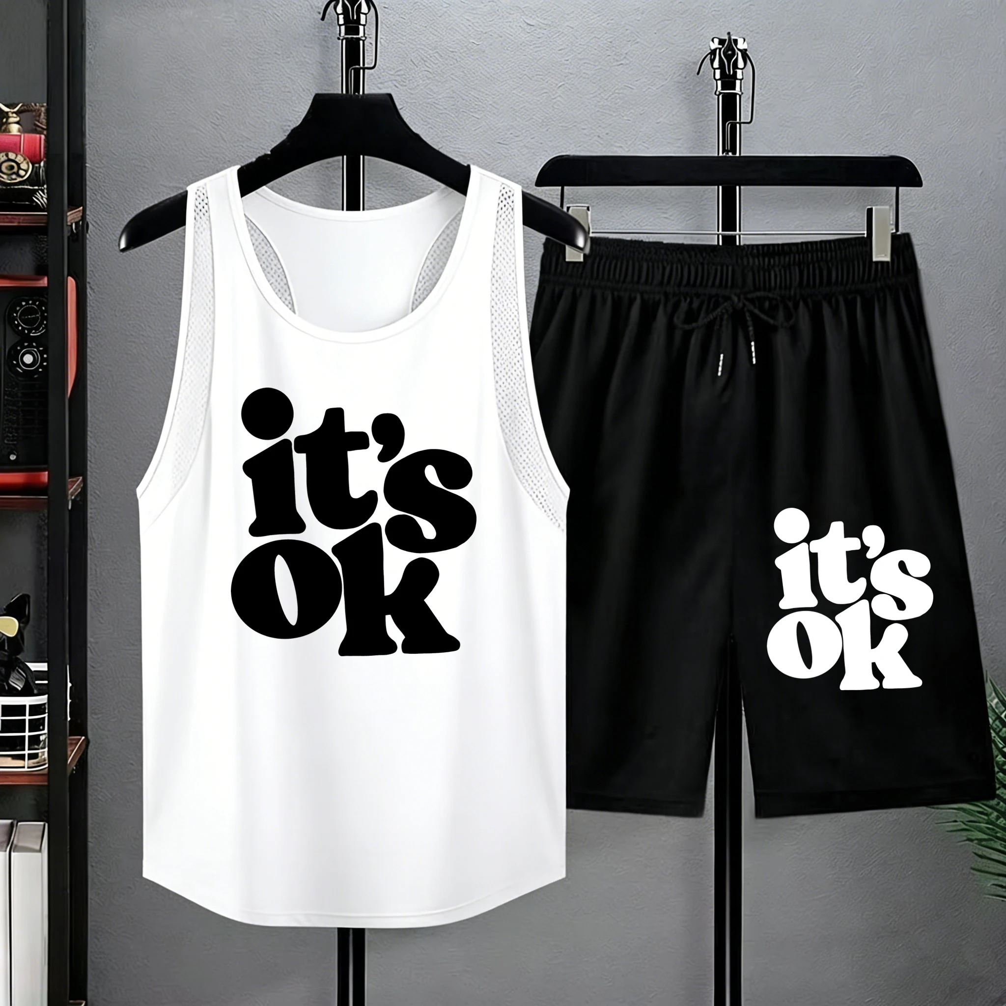 

It'S Ok Print Summer Man Sport Fashion Short Pants Fitness Quick Dry Vest Set Running Classic Sportswears Pocket Beach Shorts