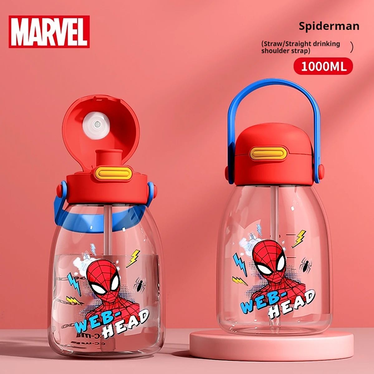 1pc 1000ml Disney durable and drop-resistant large-capacity water bottle straw direct drinking double lids one-button open seali