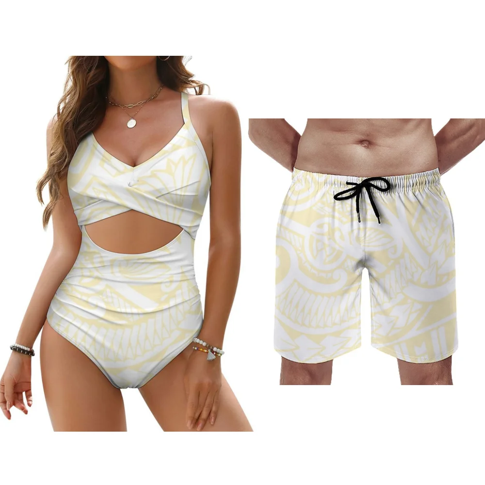 Hete zomer Polynesische aangepaste paar kanten bikini heren trunks dames push-up badmode strandvakantie splash