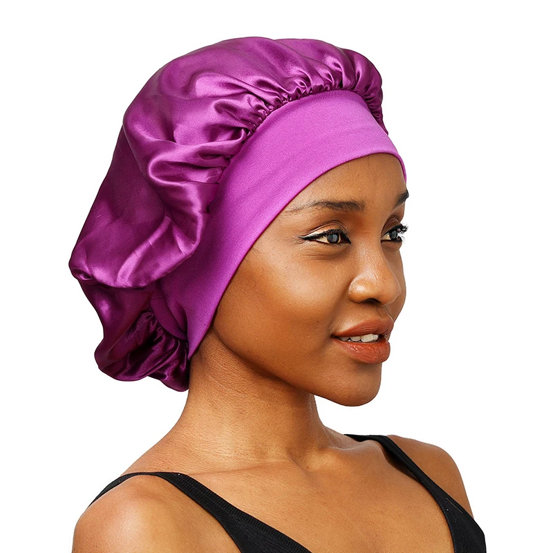 New Women\'s Satin Solid Wide-brimmed Sleeping Hat Unisex Head Wrap Elastic Band Cap Hair Care Bonnet Night Hat bonnet de nuit