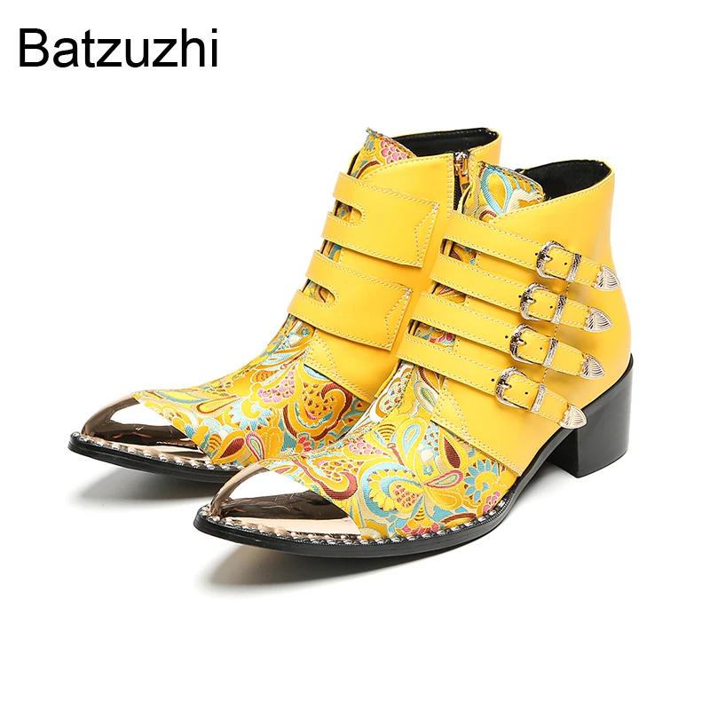 

Batzuzhi Fashion Yellow Men's Shoes 6.5cm Heels Buckles Zip Genuine Leather Ankle Boots Man with Iron Toe Party, Wedding Botas