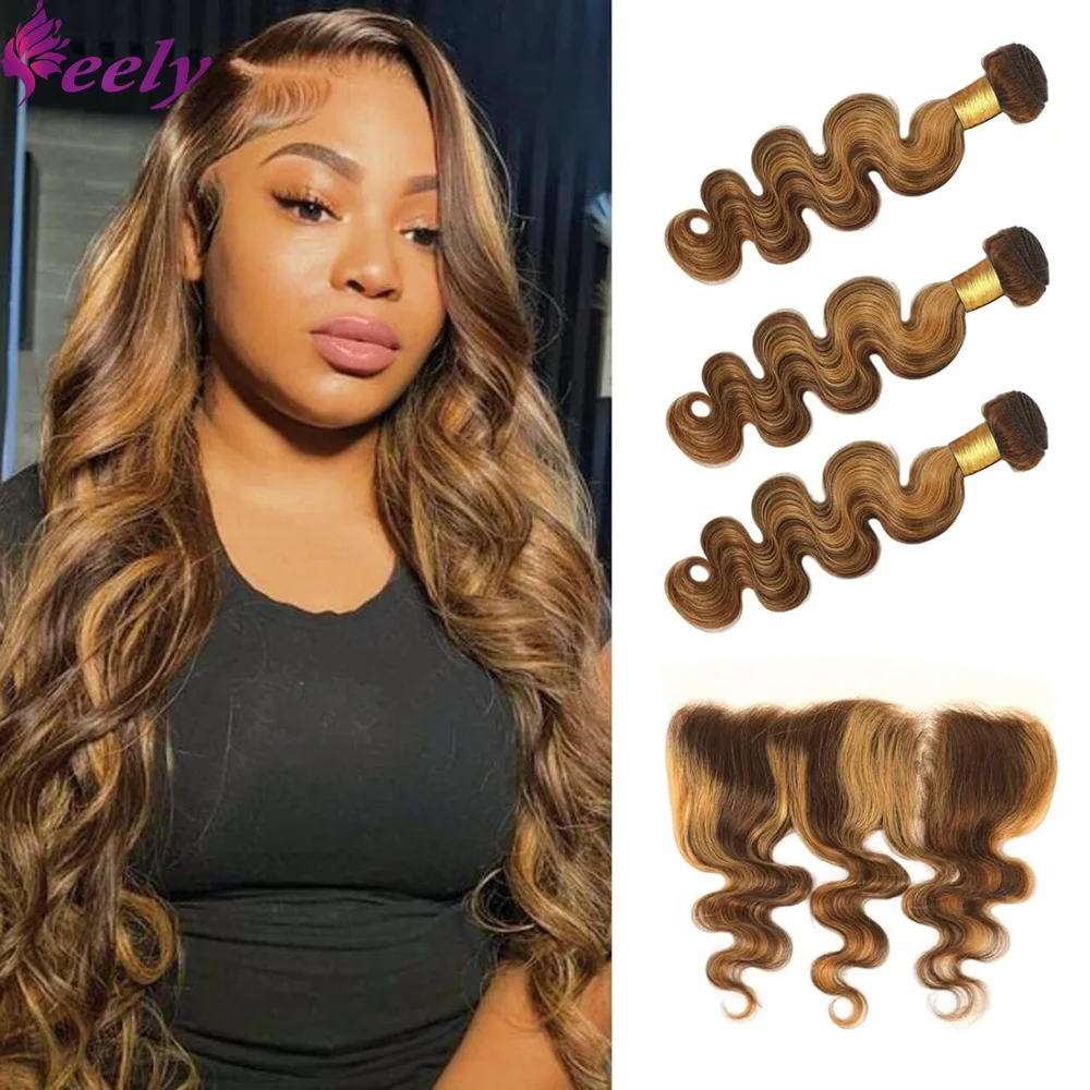 

Honey Blonde Human Hair Bundles With Closure Body Wave Highlight Color #P4/27 Transparent Lace 13x4 Frontal 3 Bundles Human Hair