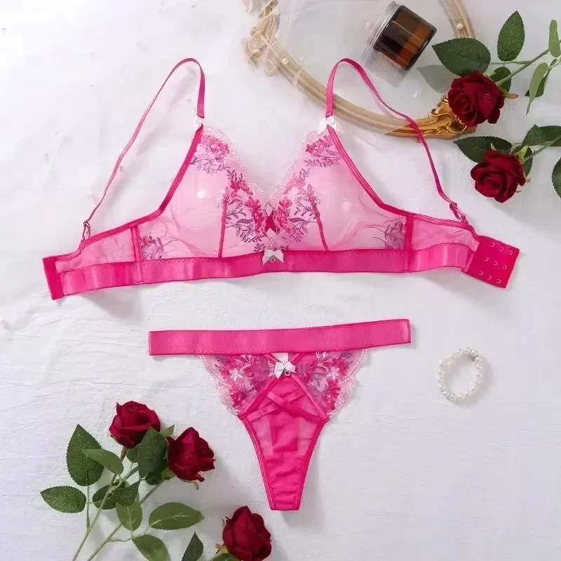 CHAUNGERM Mesh Sheer Sexy Lingerie Bow Floral Embroidery  Onlyfans Kit Patchwork Sensual Intimate Underwear Pink Lace Garter Set