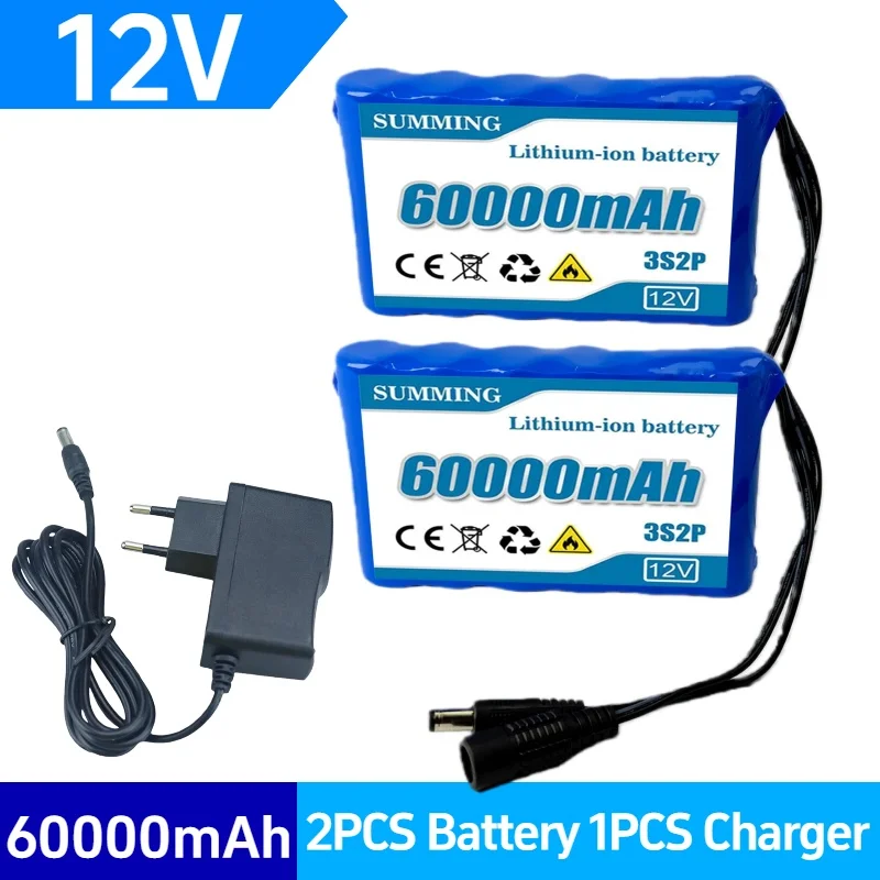 

Newly Upgraded 12V 3S2P Battery Rechargeable Lithium Ion Battery Pack Capacity DC 12.6v 60Ah CCTV Cam Monitor +Charger