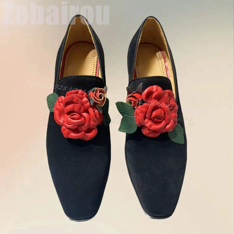 Red Appliques Decor Black Square Toe Flock Loafers Fashion Slip On Men Shoes Luxurious Handmade Party Banquet Men Casual Shoes