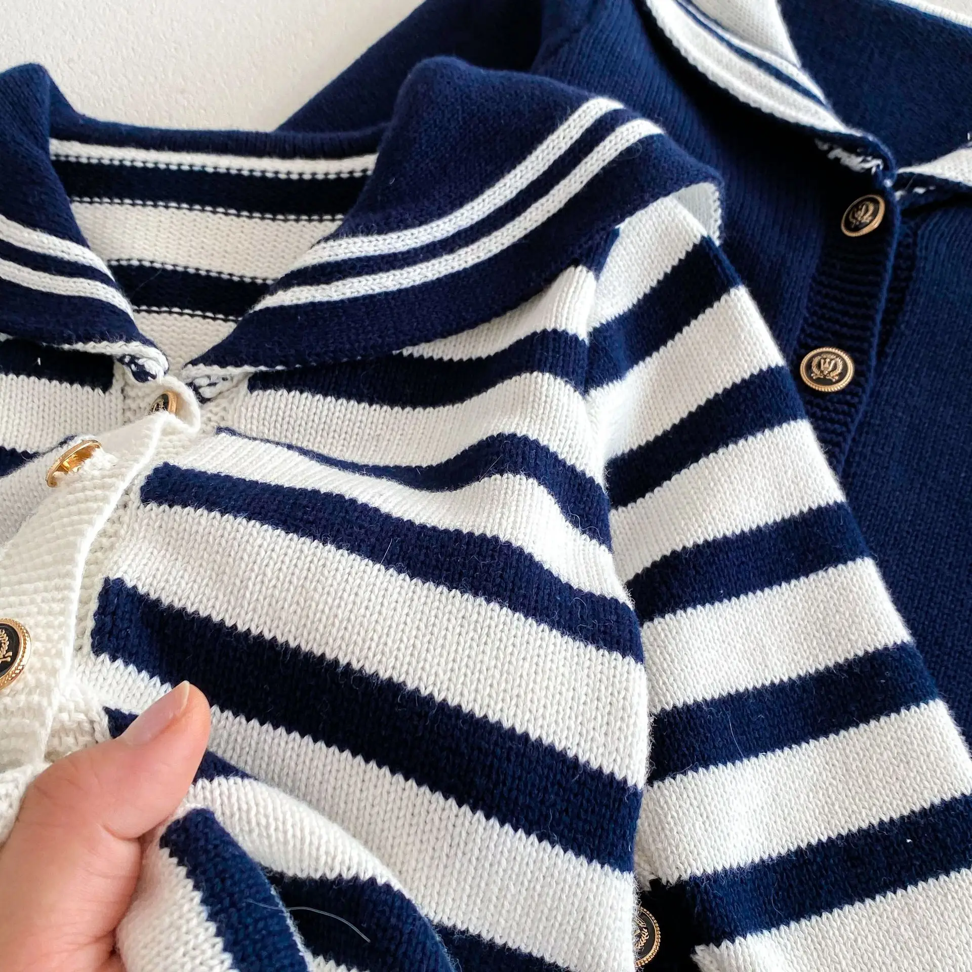 Autumn Winter Baby Boys Jumpsuit Sailor Collar Striped Cotton Knitted Toddler Boys Bodysuit Single Breasted Infant Boys Rompers