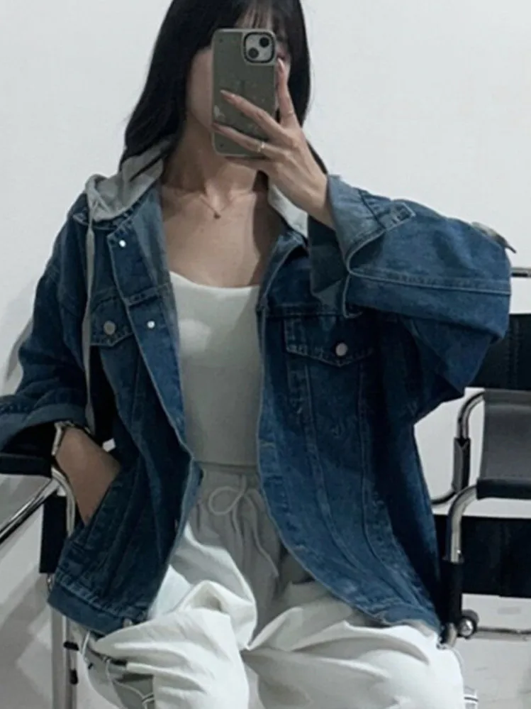 

Женские винтажные свободные джинсы-джат со съемной шляпой, утягивающий ленивый рукав, универсальный искусственный топ из двух предметов