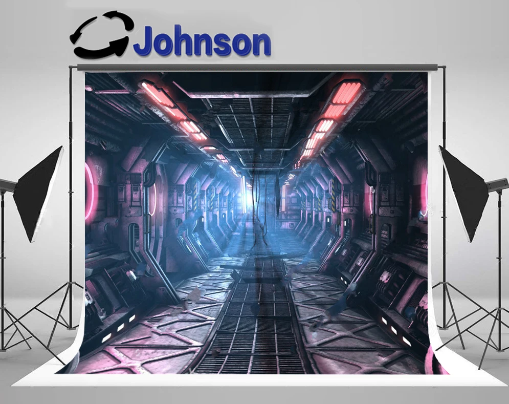 

JOHNSON scifi grunge spaceship neon lights space ship hallway backdrops High quality Computer print party backgrounds