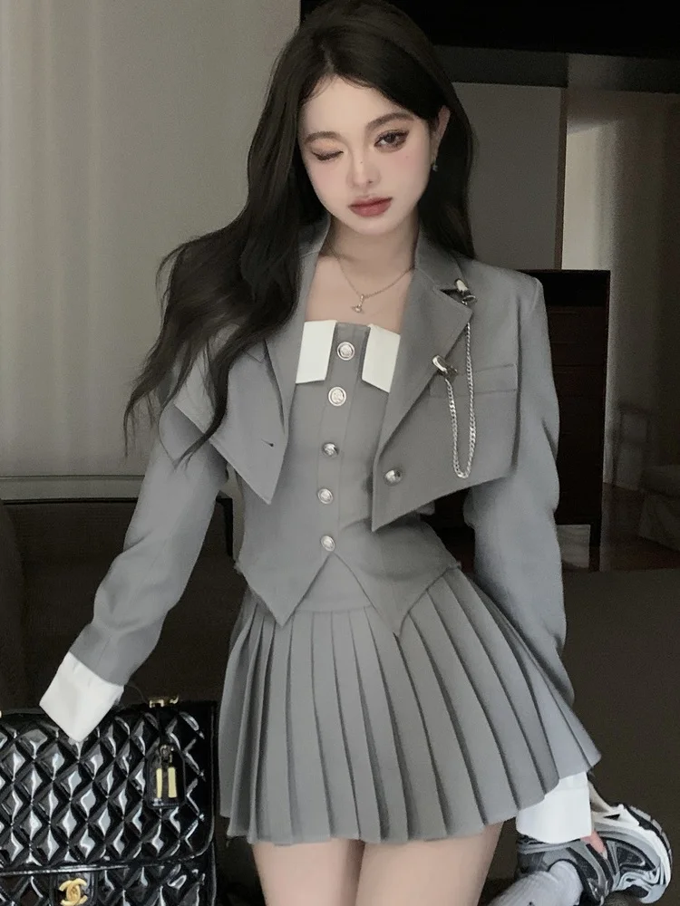 Retro Brown Plaid Vest Shirt Coat Skirt Sets Girl College Style Plaid Suit Pleated Mini Skirt Female Sexy Korean Jacket Blazers