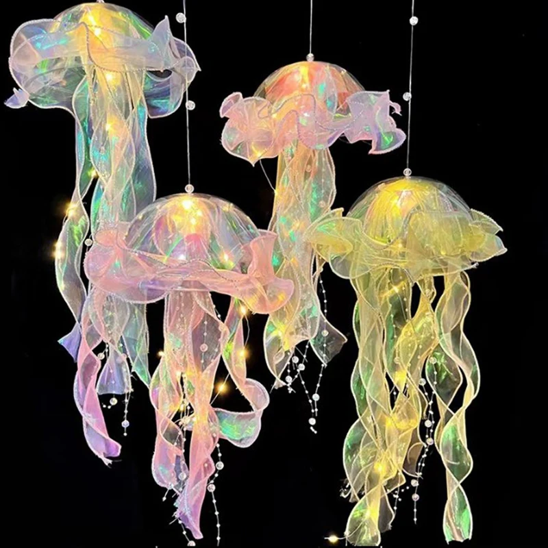 Portable Luminous Jellyfish LED Lantern Colorful Ribbon Flashing Light Small Mermaid Birthday Gifts