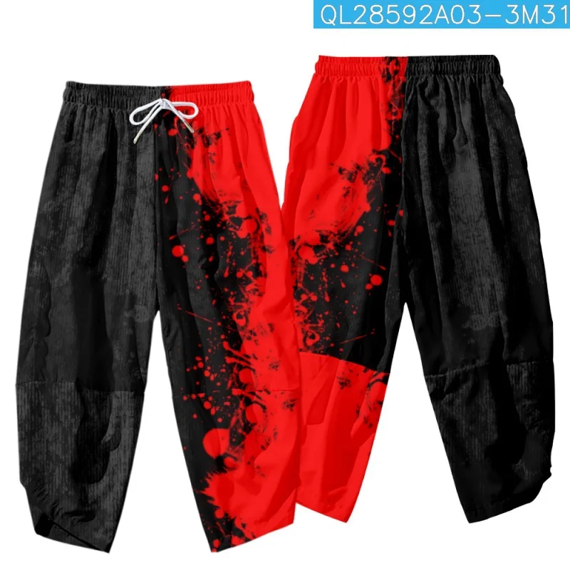 

3D Red Splash Ink Printed Casual Elastic Waist Kimono Cropped Pants Couple Men Women Japanese Harajuku Streetwear