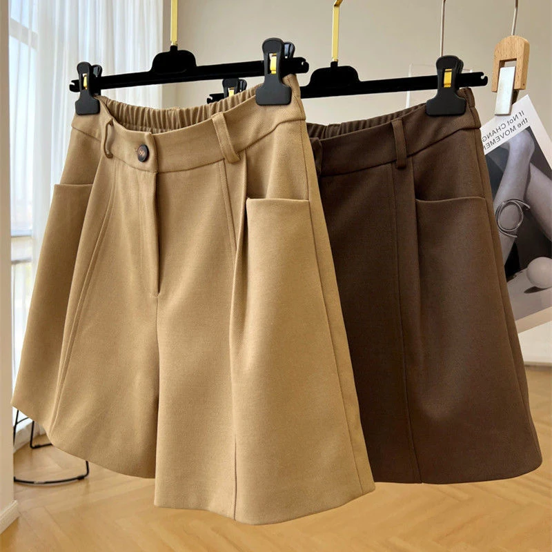 

Модные женские шорты больших размеров на осень-зиму с высокой талией, свободного кроя, повседневные, с широкими штанинами, базовый слой, трендовые, в стиле Ins