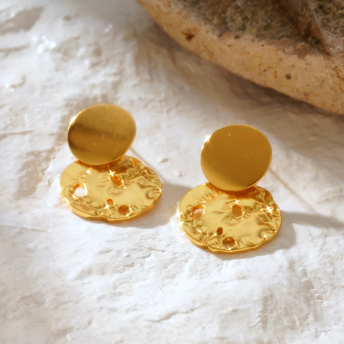 

Trendy Gold Color Hammered Disc Drop Earrings for Women - Irregular Round Textured Dangle Earrings