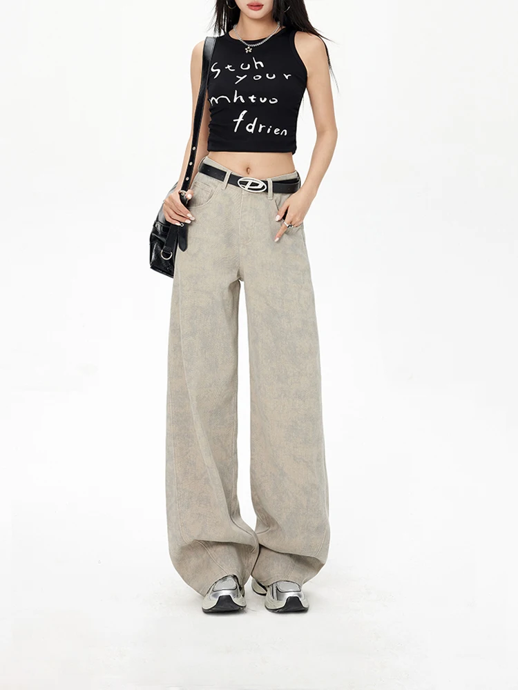 American Style Slim Straight Jeans Women's New 2026 Autumn Dyed Print Small Design Vintage Wide Leg Denim Jeans Casual Wear
