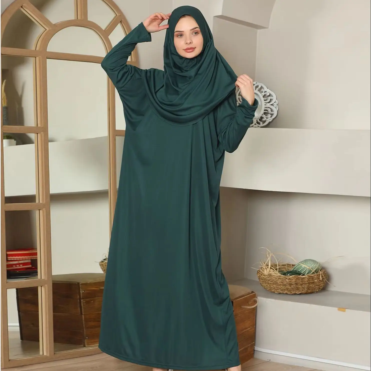 

Modest Hooded Prayer Dress Muslim AbayasFull Sleeve One-piece Kaftan Women Ramadan Jilbabs Hijab Dresses Islamic Clothing