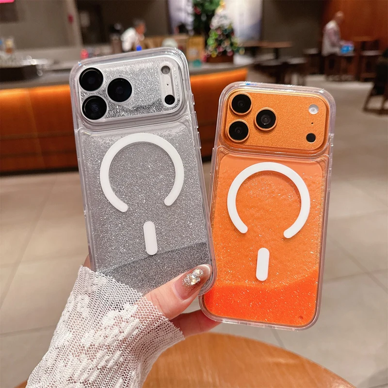 Magnetische Flüssigkeits-Quicksand-Linsenfolie Handyhülle für iPhone 17 18 Pro Max für MagSafe Trendige Sturzsichere Glitzer-Schutzhülle – Detail 6