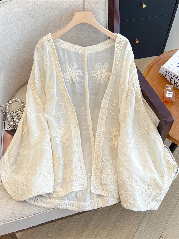 

Retro Embroidered Heavy Work irt Jaet Women Summer Loose Lightweight Breathable Long Sve Outerwear Sun Protection Open...