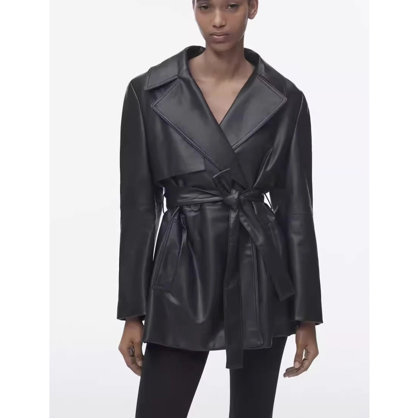 جديد وصول المرأة السائق Sle ort بولي معطف معطف جلد مع حزام صف مزدوج أزرار الخريف Faion ملابس خارجية 2583872