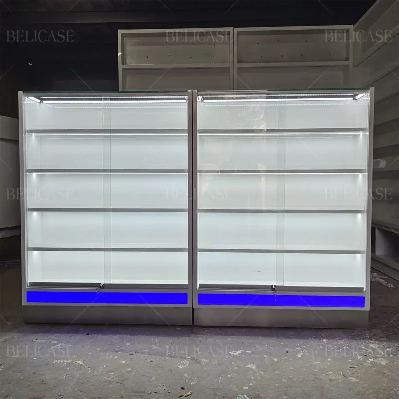 customized.Cell Phone Shop Design Blue And White Stand Counter Display Cabinet Glass Store Mobile Phone Display Showcase