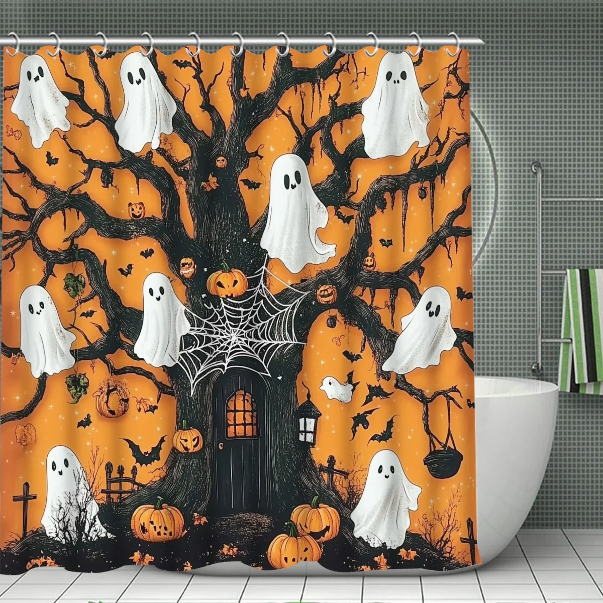 Halloween Cartoon ghost pump 1/4PC shower curtain set waterproof shower curtain and waterproof non-slip carpet,12 hooks included