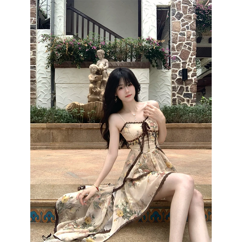 Abito longuette irregolare vintage Donna Boho Vacanza Abiti floreali con cinturino per spaghetti Festa estiva Coreano Ruffles Abiti aderenti Nuovo