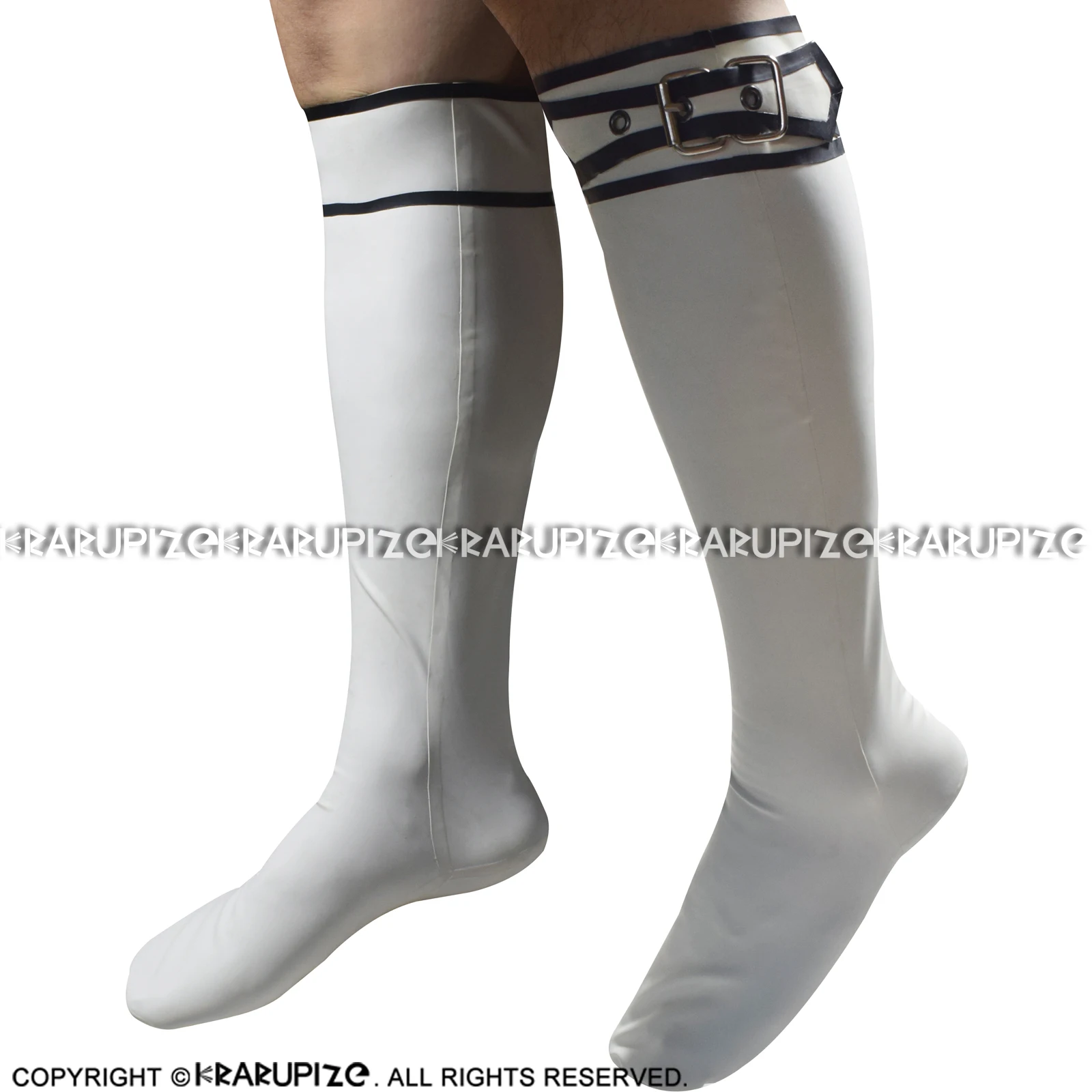 White And Black Sexy Calf Length Long Rubber Latex Socks With Belt WZ-0034