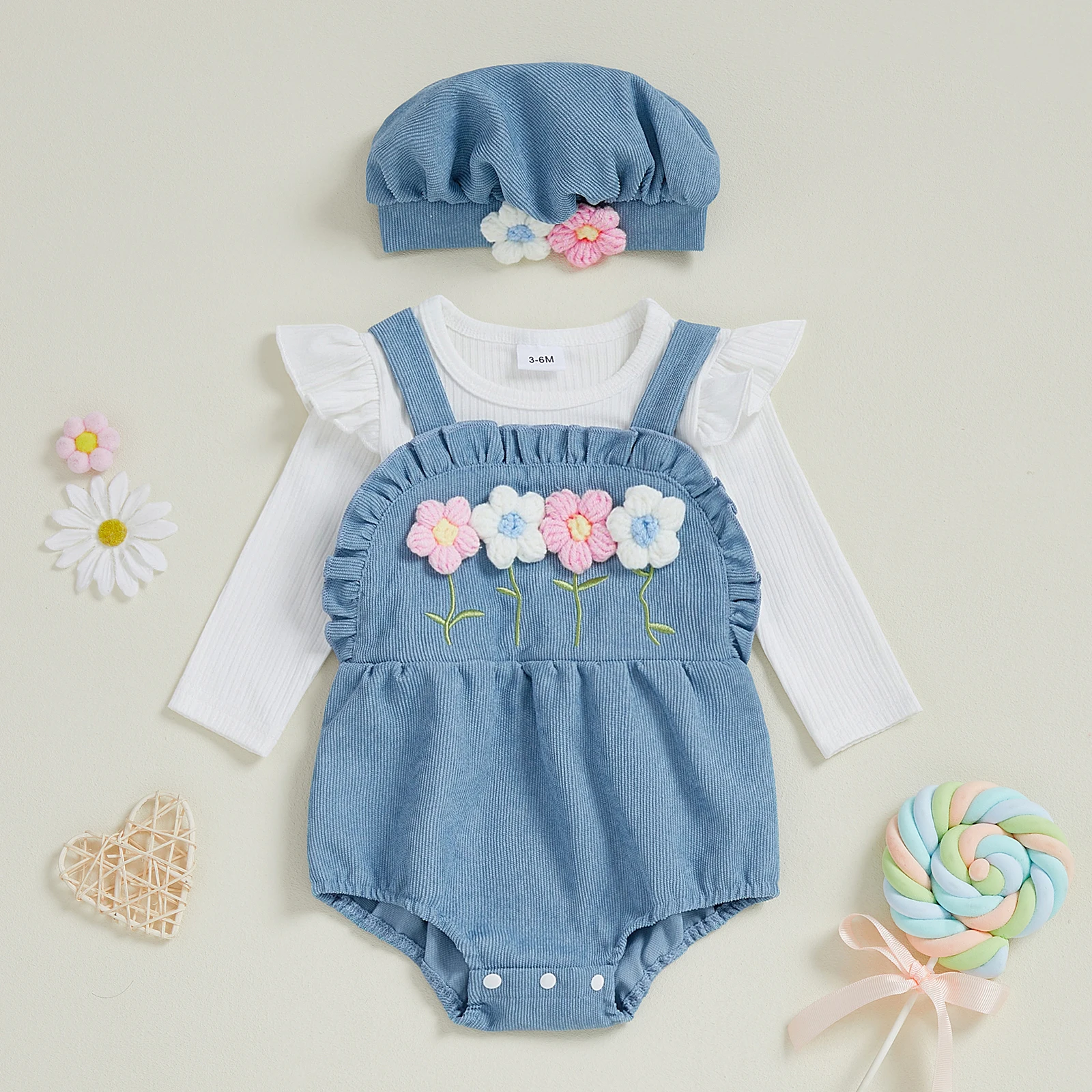 

SUNSIOM 0-18 Months Baby Girl Flower Embroidery Romper Infant Long Sleeve O Neck Fake Two-piece Jumpsuit with Hat