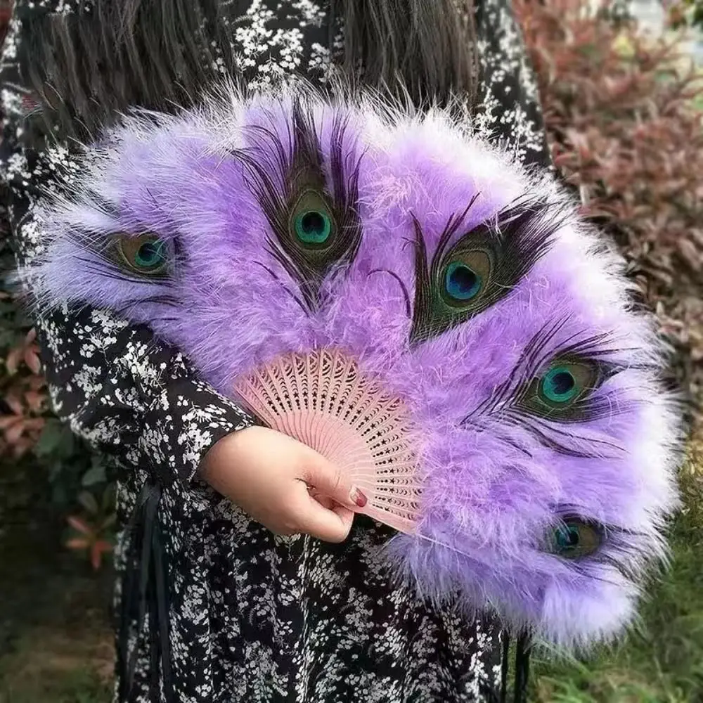 With Tassel Peacock Feather Fan Soft Thick Feathers Handheld Folding Hand Fan Portable Hollow Handle Feather Dance Fan