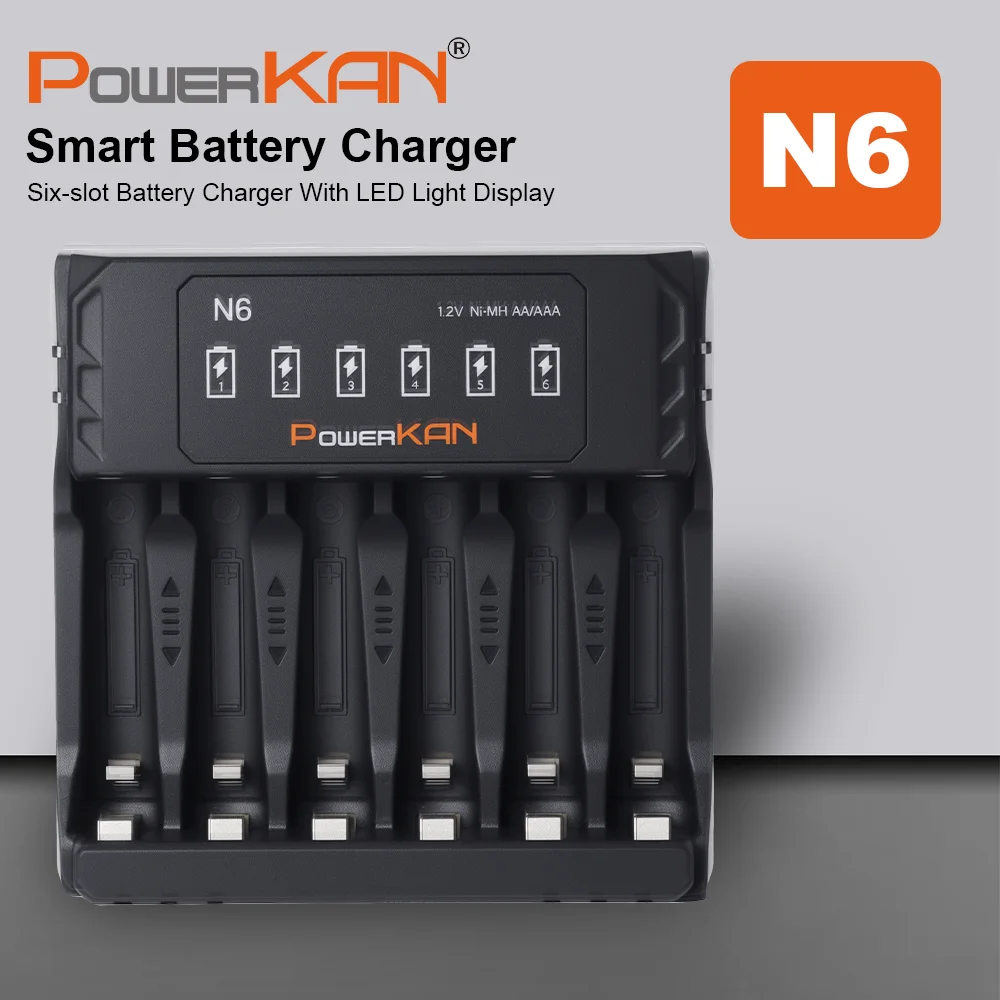 POWERKAN N6 6-Slot Battery Charger for 1.2V Ni-MH AA AAA Rechargeable Batteries USB-C 5V 2A LED Indicator