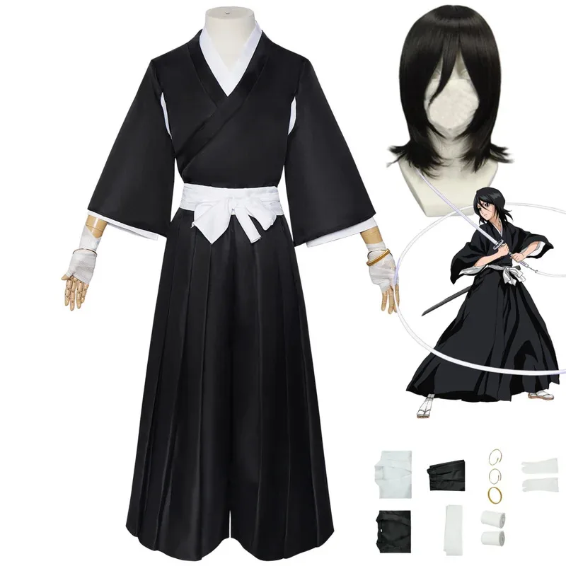 Anime Bleach Shinigami Kuchiki Rukia Cosplay Costume Japanese Black Kendo Uniform Robe Coat Wig Man Woman Halloween Suits;3'v,6.
