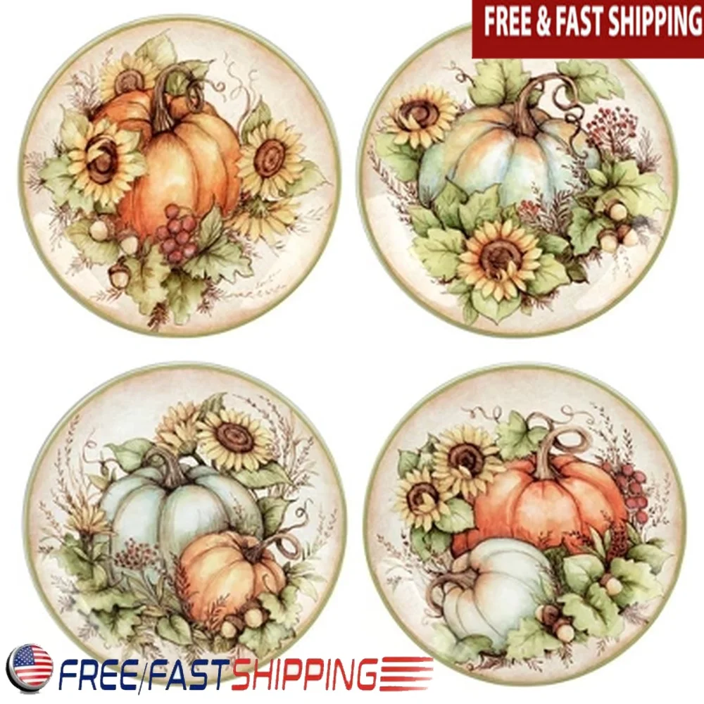 

Autumn Breeze Salad Plates Set of 4 Earthenware Fall Decor Microwave Dishwasher Safe Round 9 Inch Perfect Gifting Home Display