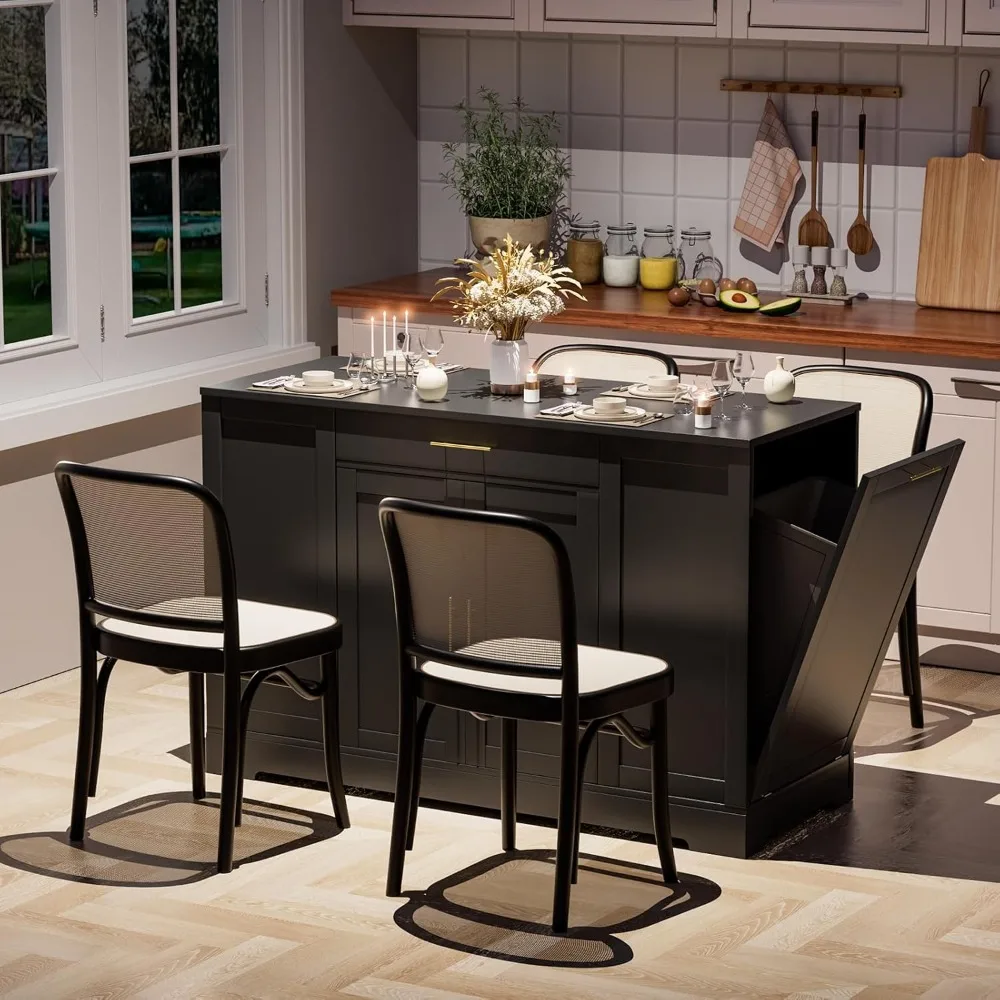 ชุดครัวแบบเกาะกลาง 53 พร้อมที่เก็บของ, รถเข็นครัวพร้อมที่ใส่ถังขยะแบบเอียงได้และท็อปไม้เนื้อแข็ง, โต๊ะอาหารเช้าพร้อมชั้นวางด้านข้าง 3 ชั้น