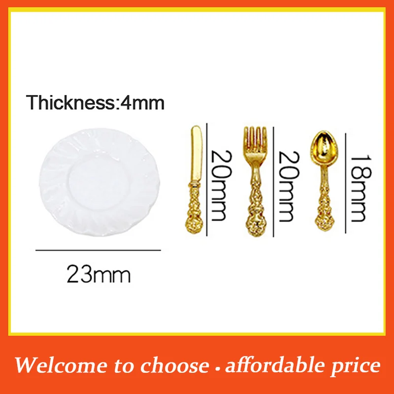 

TU 16Pcs new Alloy+ceramics Miniature Knife Fork Spoon Plate Tableware Dollhouse Kitchen Decoration