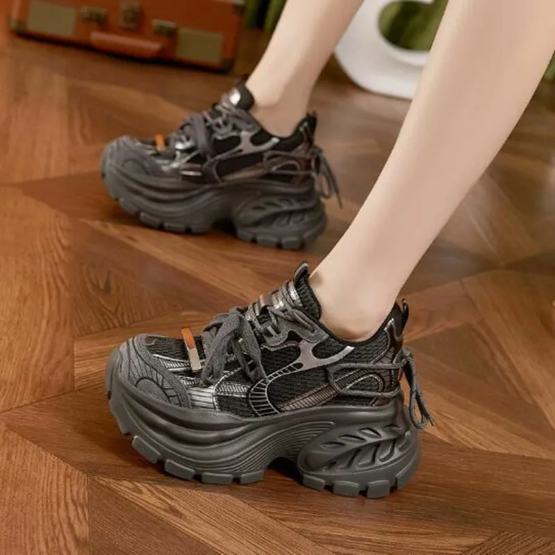 

10CM 2026 Air Mesh Microfiber Leather Casual Shoes New Autumn Women Chunky Sneakers High Platform Outdoor Sports Dad Shoes Woman