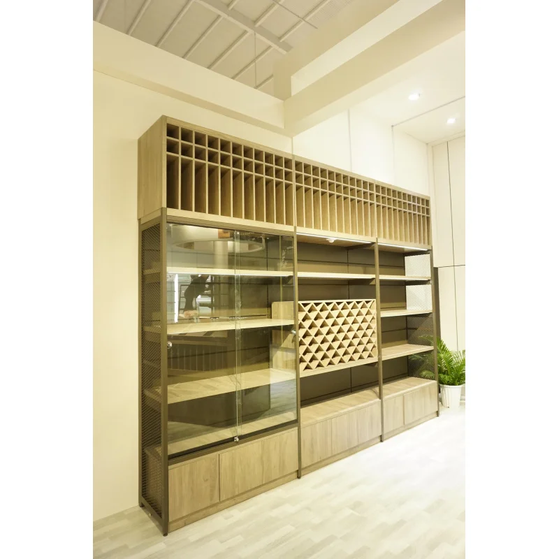 custom.XINDE Heavy Duty Customized Steel & Wood Stacking Wine Rack Supermarket Shelf Liquor Display Stand Retail Shelves