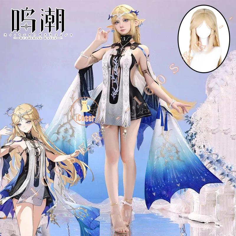

Wuthering Waves Cartethyia Cosplay Costume Wig Uniform Headdress Earrings Rinascita Halloween Party Carnival for Women Girls
