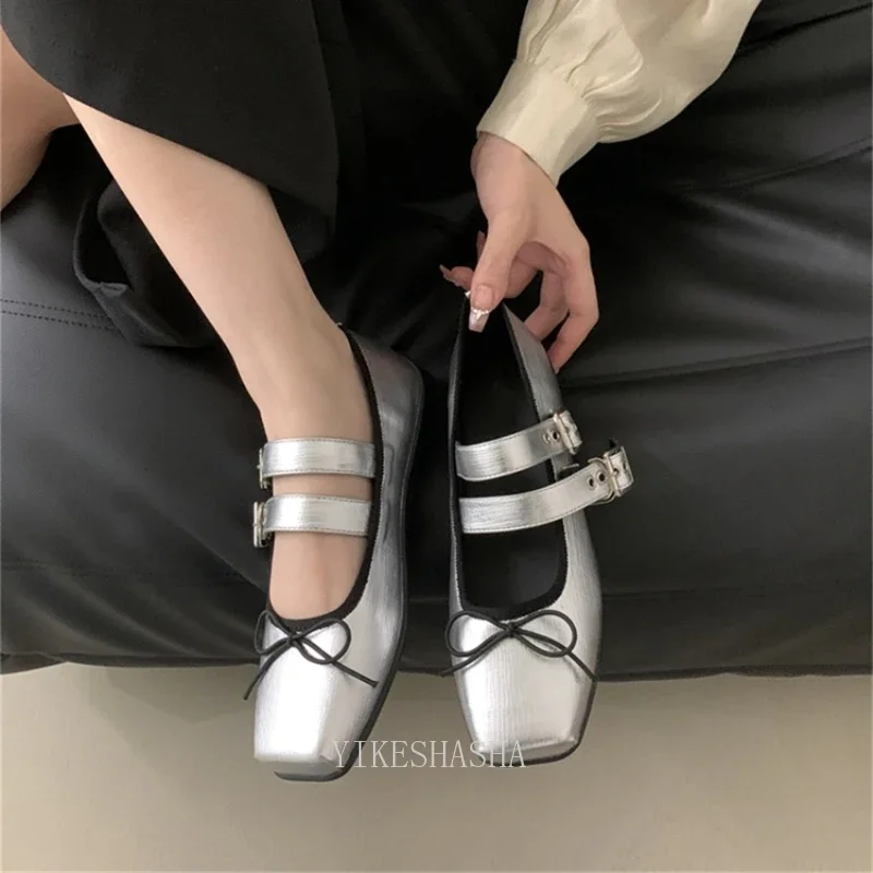 2024 Women Flat Bow-knot Shoes Fashion Split Toe Flat Heel Loafer Shoes Shallow Soft Leather Casual Outdoor Mary Jane Shoes