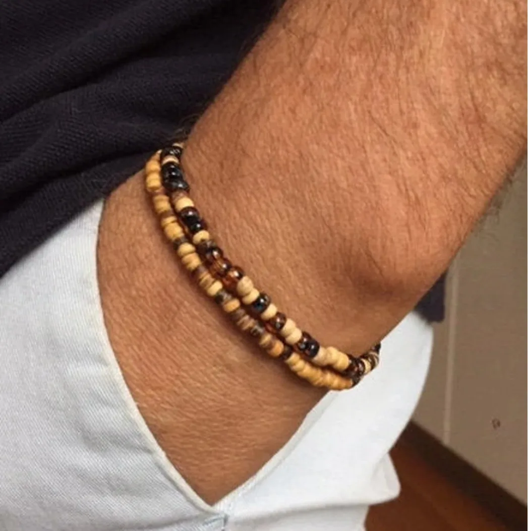 Mens wooden bracelet set. Surfer bracelet men. Coconut bead bracelet