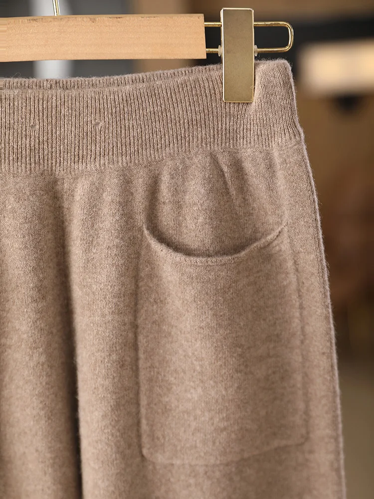 新しい Women100% メリノウールニットワイドレッグパンツポケットデザイン秋冬ベーシックソフト暖かいカシミヤニットズボンカジュアルスタイル