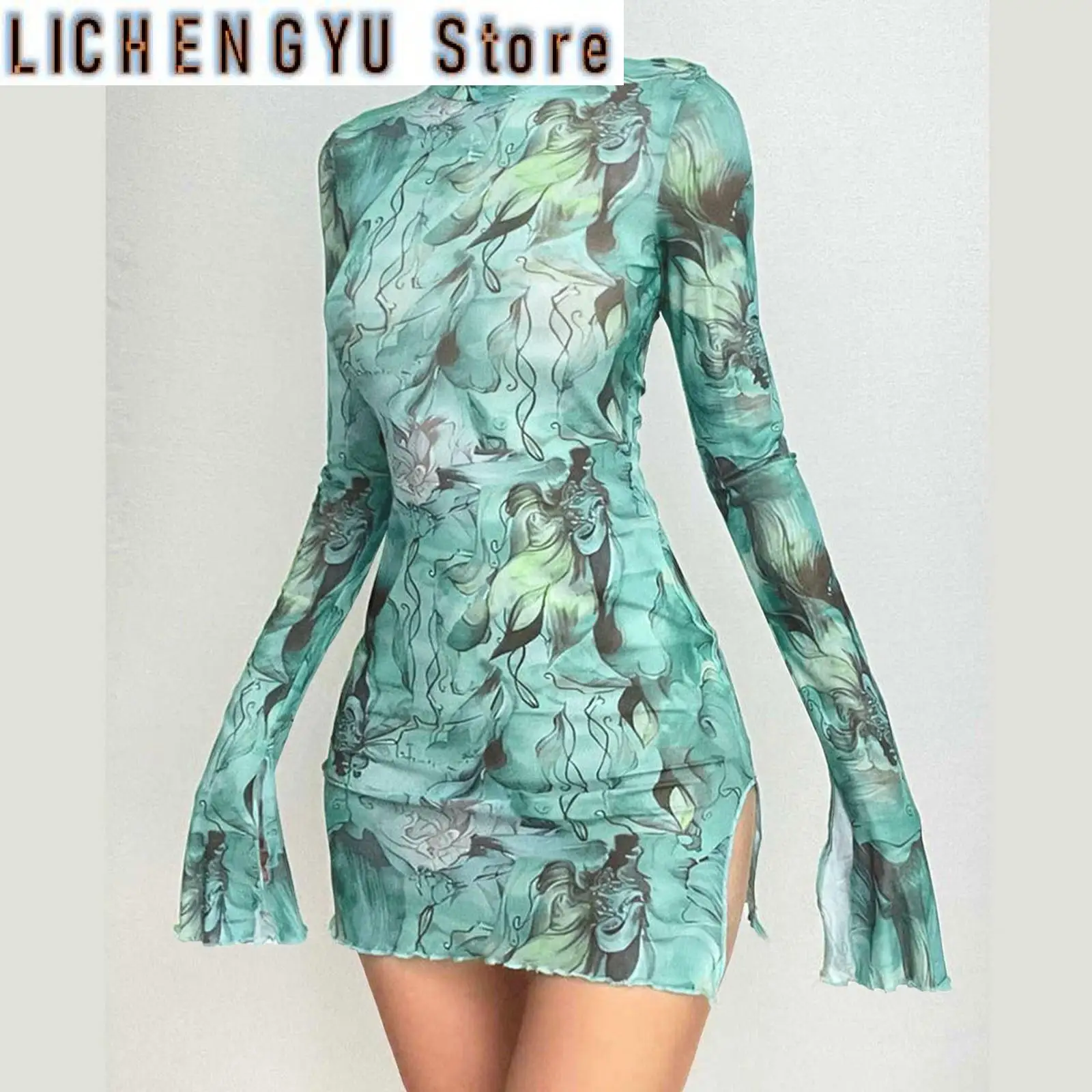 

Elegant Party Dresses For Teens Mesh Printed Round Neck Bell Sleeve Side Open Hip Dress Clothing Female Ropa De Mujer